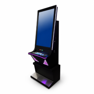 Tall portrait slot machine cabinet with RGB control console, custom design