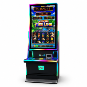 Upright slot machine cabinet with portrait display and RGB accent lighting