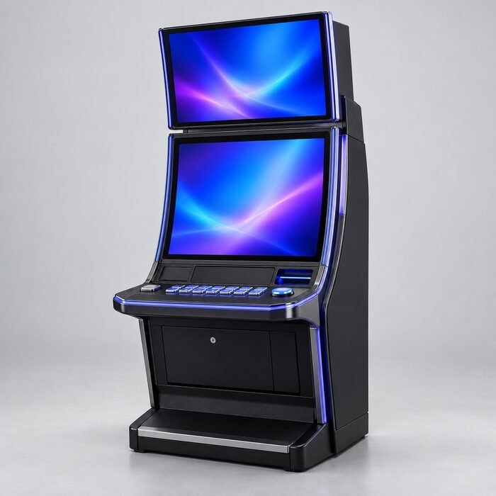 Illustrative dual-screen slot machine cabinet